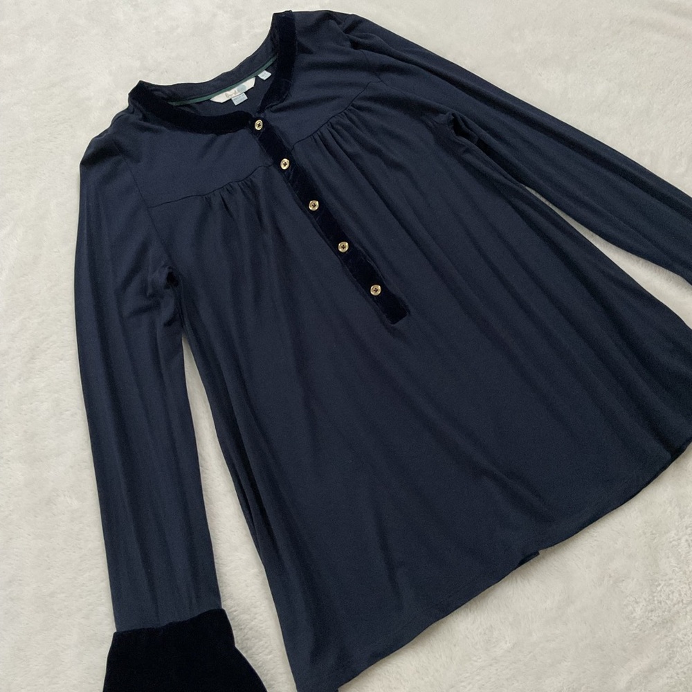 Boden Nadine Navy Blouse Velvet Trim Button Front Top US 4 - Picture 4 of 14